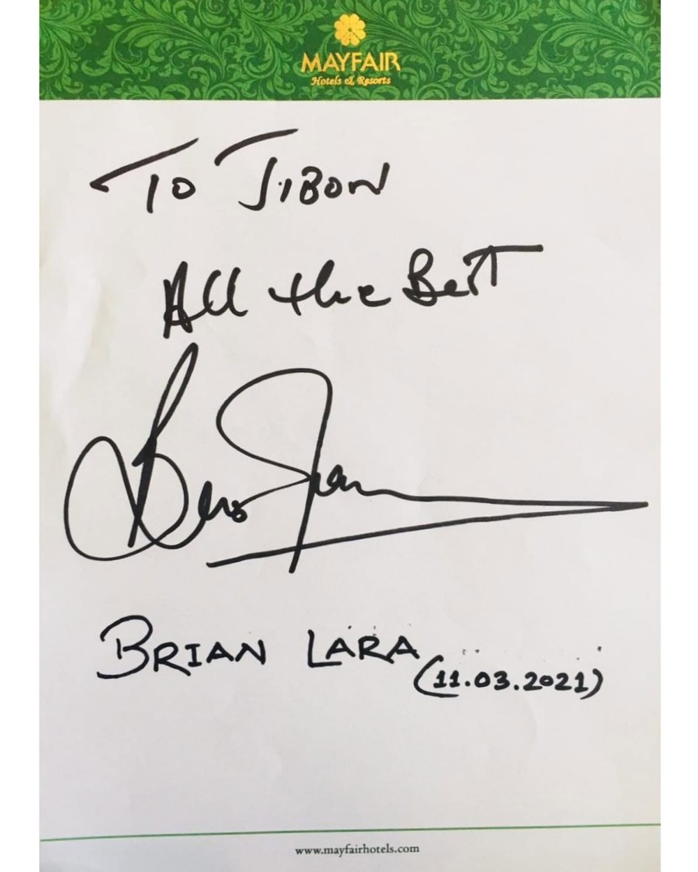 Autograph from Brian Lara for Jibon