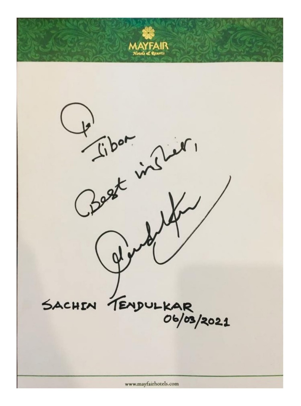 Autograph from Sachin Tendulkar for Jibon