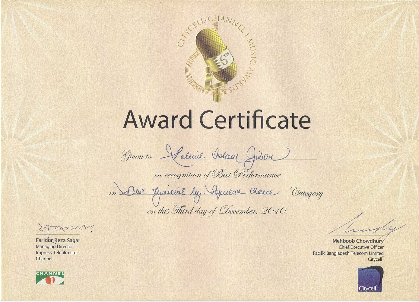 Channel i Music Award 2009 Certificate