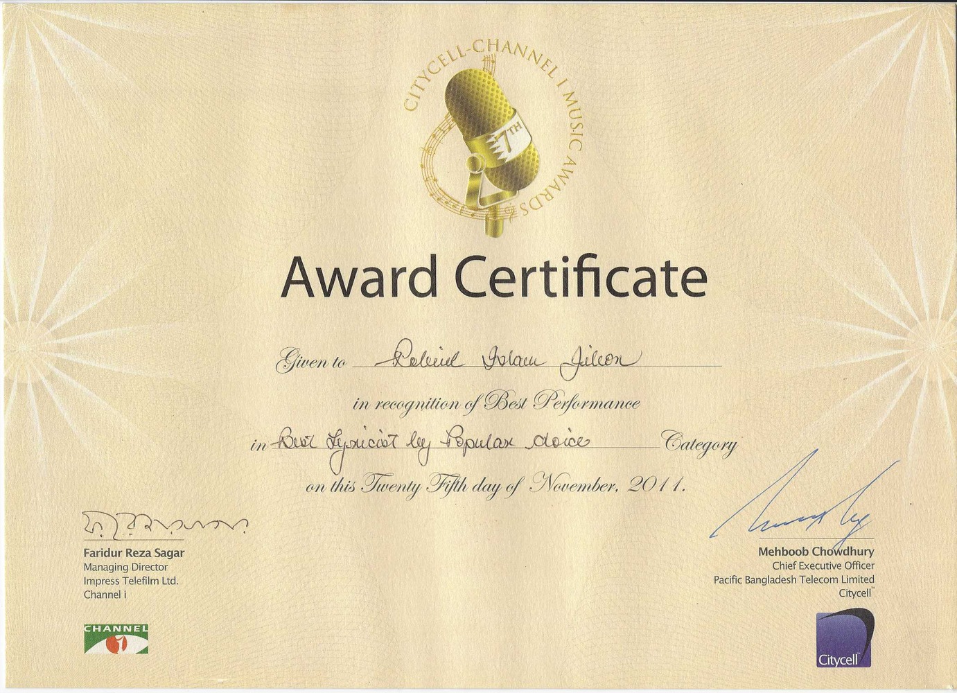 Channel i Music Award 2010 Certificate
