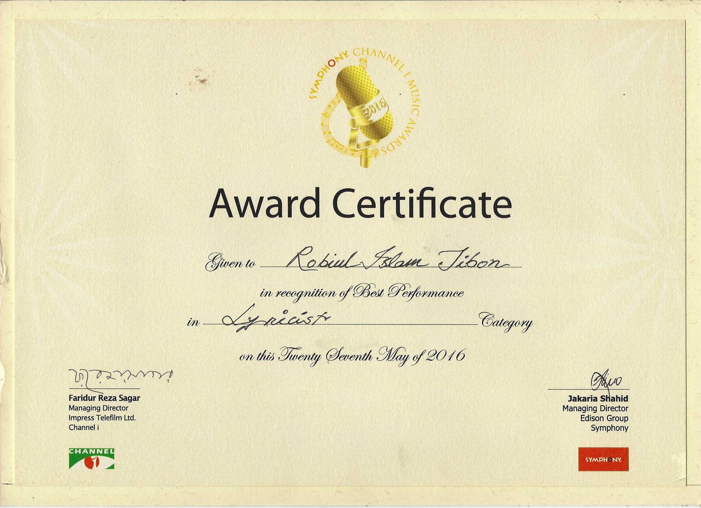Channel i Music Award 2015 Certificate